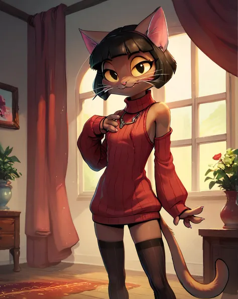 score_9, score_8_up, score_7_up, score_6_up, score_5_up, score_4_up, implying, source furry,  ovypep, petite, slender, dark skin, anthro cat, whiskers, small ears, cute face, cute, sexy, standing, looking at you, bedroom eyes, indoors, HDA_RibbedClothXL <lora:Ivypepper:1>, ZPDXL, <lora:more_details:1> <lora:Concept Art Ultimatum Style LoRA_Pony XL v6:1> smooth anime,