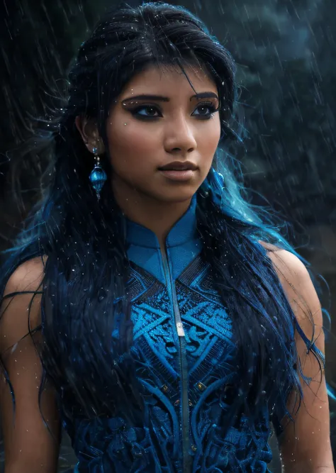 <lora:Kirstin_Maldonado:1>
photo of beautiful (Kirstin_Maldonado), ((ultra detailed, masterpiece, best quality)), sfw, best quality, ultra high res, ultral detailed face and eyes, (photorealistic:1.4), 1 woman, brown eyes, dark hair
modelshoot style, (extremely detailed CG unity 8k wallpaper), full shot body photo of the most beautiful artwork in the world, from Avatar the Last Airbender, blue clothes, hair loops, enormous storm, thunder, lightning, heavy rain, thin, toned, dramatic, (extremely detailed skin), (flawless skin), (model pose), (natural light), (high quality photography), (intricate details), (8k), (HDR), (sharp focus)