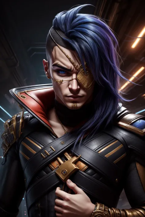 (masterpiece, best quality:1.2), intricate details, <lora:odyssey_kaynV2-000014:1>, odyssey kayn, 1boy, male focus, asymmetrical hair, asymmetrical clothes, eyepatch, upper body, detailed background, cyberpunk