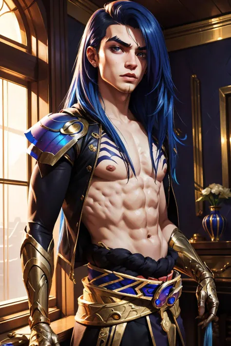 (masterpiece, best quality:1.2), intricate details, <lora:odyssey_kaynV2-000014:1>, odyssey shadow assassin, 1boy, male focus, long hair, topless male, blue skin, belt