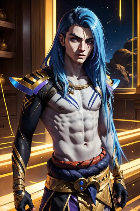 (masterpiece, best quality:1.2), intricate details, <lora:odyssey_kaynV2-000014:1>, odyssey shadow assassin, 1boy, male focus, long hair, topless male, blue skin, colored skin, belt