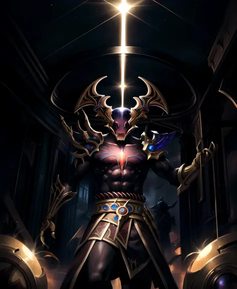 (masterpiece, best quality:1.2), intricate details, <lora:odyssey_kaynV2-000014:1>, odyssey rhaast, monster, demon, horns, no humans, male focus, armor, fighting