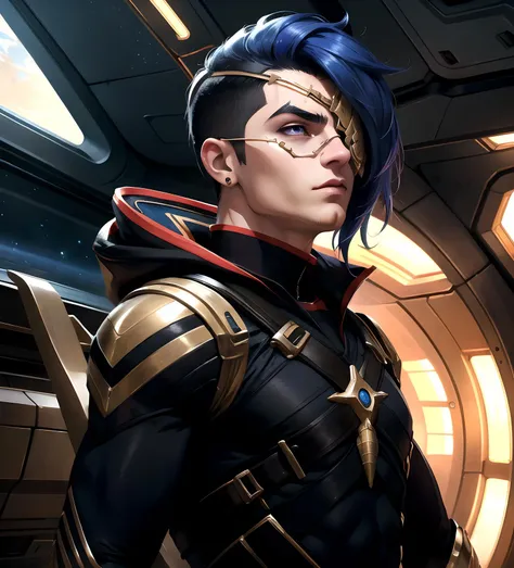 (masterpiece, best quality:1.2), intricate details, <lora:odyssey_kaynV2:0.9>, odyssey kayn, 1boy, male focus, asymmetrical hair, asymmetrical clothes, eyepatch, upper body, (tired), spaceship, right side view