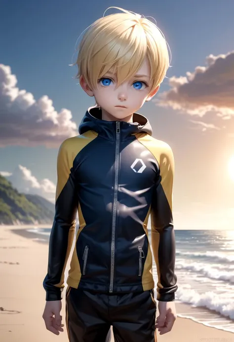 <lora:cacd-xl-base-2:0.6>,sota, solo,looking at viewer,short hair,bangs,blue eyes,blonde hair,long sleeves,1boy,hair between eyes,closed mouth,standing, rashguard jacket,male focus,cowboy shot,outdoors,sky,day,pants,cloud,hood,water,blue sky,ocean,beach,black pants,hood down,child,multicolored clothes,zipper,horizon,male child,wall,multicolored jacket,two-tone jacket
,
(masterpiece:1.2), best quality, high resolution, unity 8k wallpaper, (illustration:0.8), (beautiful detailed eyes:1.6), extremely detailed face, perfect lighting, extremely detailed CG, (perfect anatomy),