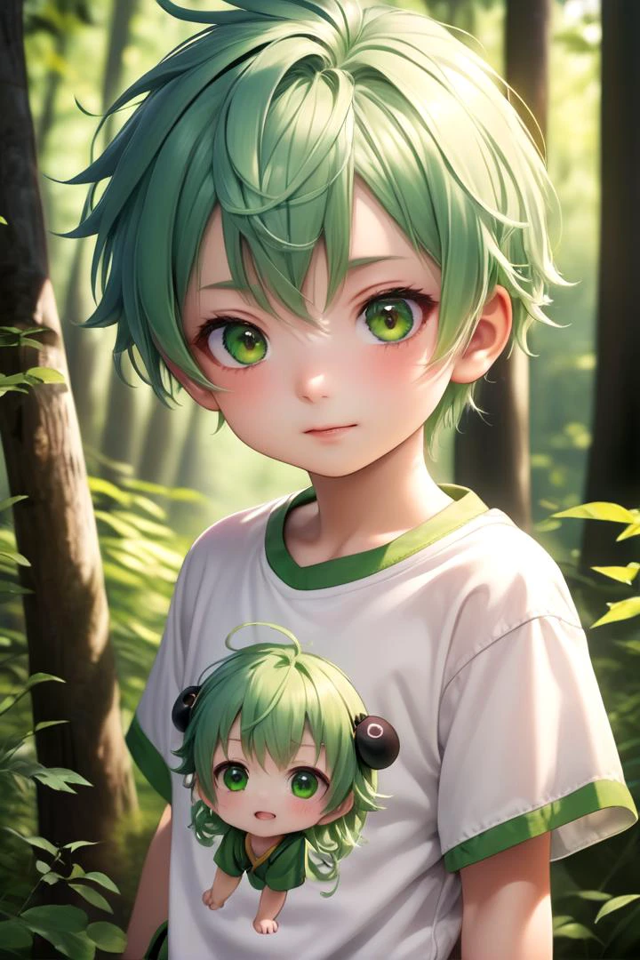<lora:cutified_anime_character_design:0.4> nobu 1boy, masterpiece, ultra detail, forest, (yellow eyes:0.5), (cute shirt:1.3), green hair