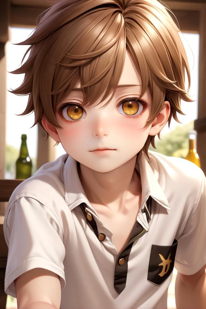 <lora:cutified_anime_character_design:0.4> shou, 1boy, masterpiece, ultra detail, tavern, (yellow eyes:0.5), (cute shirt:1.3), brown hair