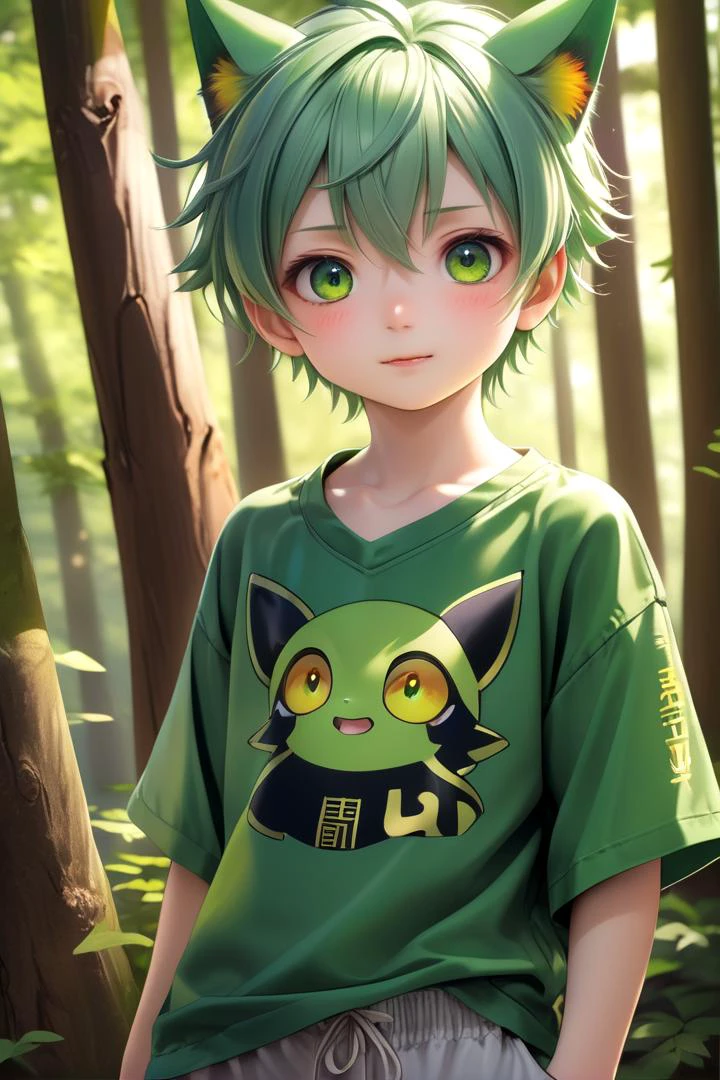 <lora:cutified_anime_character_design:0.4> nobu 1boy, masterpiece, ultra detail, forest, (yellow eyes:0.5), (cute shirt:1.3), green hair
