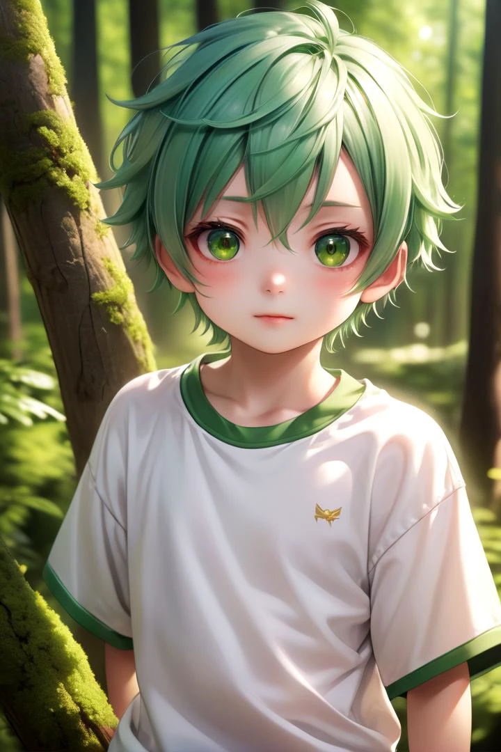 <lora:cutified_anime_character_design:0.4> nobu 1boy, masterpiece, ultra detail, forest, (yellow eyes:0.5), (cute shirt:1.3), green hair