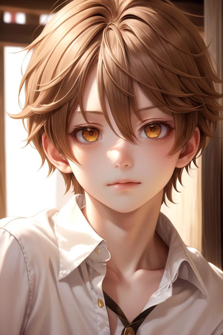<lora:cutified_anime_character_design:0.4> shou, 1boy, masterpiece, ultra detail, tavern, (yellow eyes:0.5), (cute shirt:1.3), brown hair