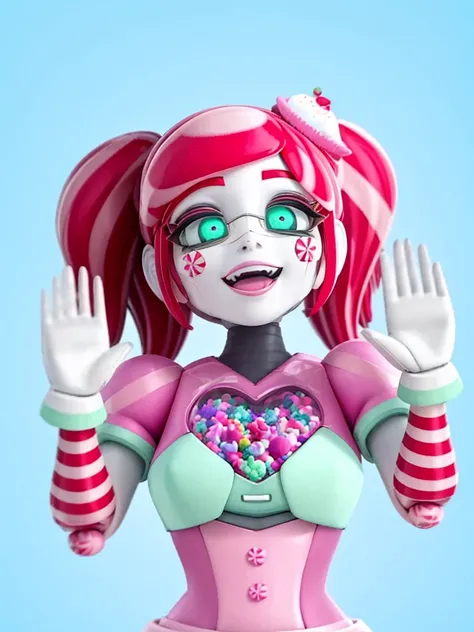 1girl, suzy_snacktime, smile, teeth, open_mouth, raised hand, waving hand, blue_background, day, holding_candy, holding_food, lollipop, solo, simple_background, upper_body <lora:SuzySnacktime_OrangeMix:0.75>