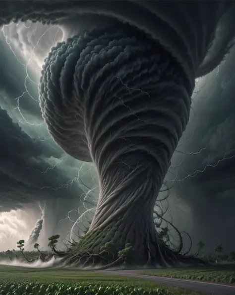 concept art (Ultrarealistic:1.3) <lora:FFusion_WEEK_2_-_TOP_100:1> a stormy sky with a large cloud in the background, thick swirling tornado, 4k highly detailed digital art, beautiful tornado, marc adamus, tornado twister, tornado, surrealism 8k, 4 k surrealism, dramatic swirling clouds, apocalypse hurricane storm, detailed swirling water tornado, 4k detailed digital art, eye of the storm, a massive tornado approaching,(Desaturated:1.3) . digital artwork, illustrative, painterly, matte painting, highly detailed