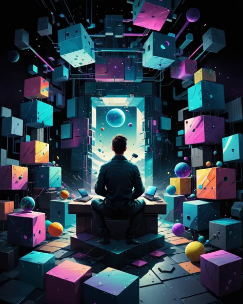 concept art <lora:FF-WEEK2-MJ-NEW:1> a man sitting in a cube with a lot of colorful objects, surreal 3 d render, surreal digital art, 3d grainy aesthetic illustration, epic digital art illustration, mind-bending digital art, open portal to another dimension, science fantasy painting, sci-fi digital art illustration, inspired by Mike ""Beeple"" Winkelmann, beeple art" . digital artwork, illustrative, painterly, matte painting, highly detailed . digital artwork, illustrative, painterly, matte painting, highly detailed