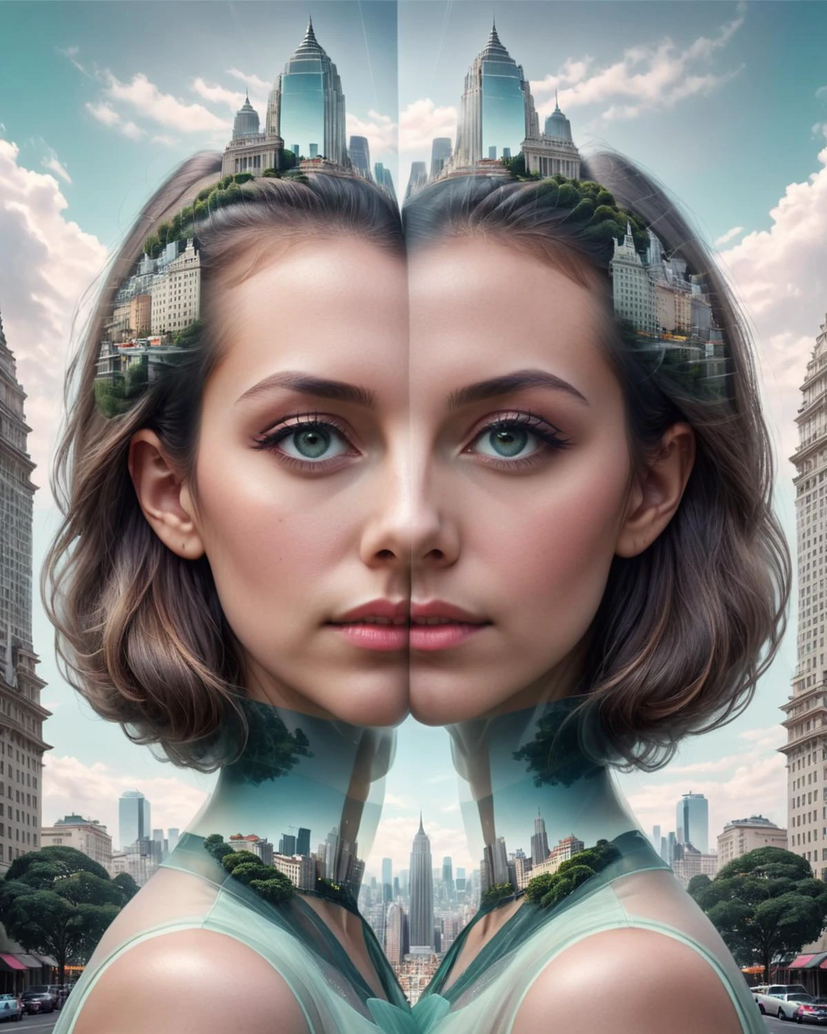 concept art (Ultrarealistic:1.3) <lora:FFusion_WEEK_2_-_TOP_100:1> a woman's head is in the middle of a city, double-exposure, double - exposure, double exposure portrait, double exposure, double exposure effect, symmetric portrait, symmetrical portrait scifi, double exposure photography, multiexposure, beautiful gemini twins portrait, multiple exposure, 4k symmetrical portrait, 4 k symmetrical portrait, photo realistic symmetrical,(Pastel Colors:1.3) . digital artwork, illustrative, painterly, matte painting, highly detailed