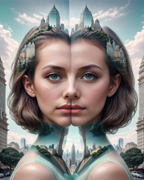 concept art (Ultrarealistic:1.3) <lora:FFusion_WEEK_2_-_TOP_100:1> a woman's head is in the middle of a city, double-exposure, double - exposure, double exposure portrait, double exposure, double exposure effect, symmetric portrait, symmetrical portrait scifi, double exposure photography, multiexposure, beautiful gemini twins portrait, multiple exposure, 4k symmetrical portrait, 4 k symmetrical portrait, photo realistic symmetrical,(Pastel Colors:1.3) . digital artwork, illustrative, painterly, matte painting, highly detailed