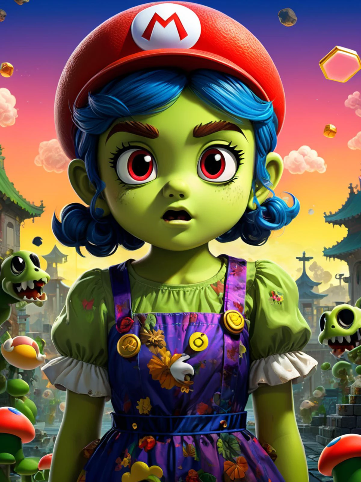 Super Mario style digital art, intricate background, (Female Zombie:1.2) , Producing a movie, Bathed in shadows, Neo-Dadaism Art, Film Washi, art by Ruan Jia, 1girl, solo, 4k, highly detailed <lora:FF-Midj-Top-v0565:1> <lora:FF-idle-WALLP:0.269> <lora:MidJ_Last_500_-_Experiment:0.19> <lora:FF-Midj-Last-v0563:0.11> <lora:FF-Midj-Top-v0564-FA-TX:0.34> <lora:FF-idle-ColorZ:0.269> . Vibrant, cute, cartoony, fantasy, playful, reminiscent of Super Mario series