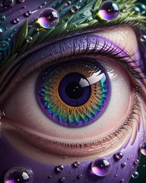 concept art (Ultrarealistic:1.3) <lora:FFusion_WEEK_2_-_TOP_100:1> an eye with green and blue bubbles, ultra detailed digital art, highly detailed digital art, ultradetailed digital art, highly realistic digital art, ultra-detailed digital art, ultradetailed digital painting, ultra realistic 3d illustration, highly detailed digital artwork, extremely detailed digital art, amazing detail digital art, ultra high detail digital art, hyper detailed digital art,(Purple hue:1.3) . digital artwork, illustrative, painterly, matte painting, highly detailed