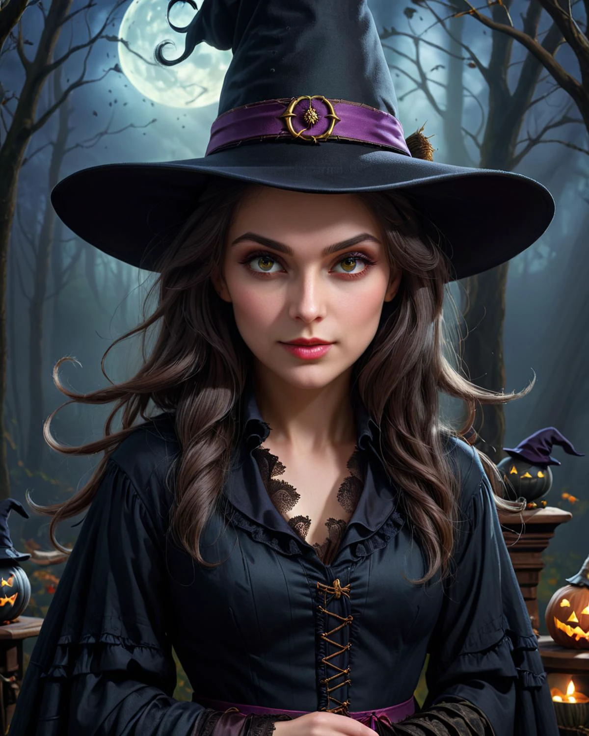 concept art (Ultrarealistic:1.3) <lora:FF-WEEK2-MJ-NEW:1> a witch with a hat and a witch's hat, beautiful witch female, beautiful witch spooky female, beautiful female witch, beautiful witch with long hair, classical witch, witch girl, portrait of a young witch girl, witchy, witch, witch woman, portrait of a young witch, beautiful female wicked witch, portrait of a witch, a witch, witch fairytale . digital artwork, illustrative, painterly, matte painting, highly detailed
