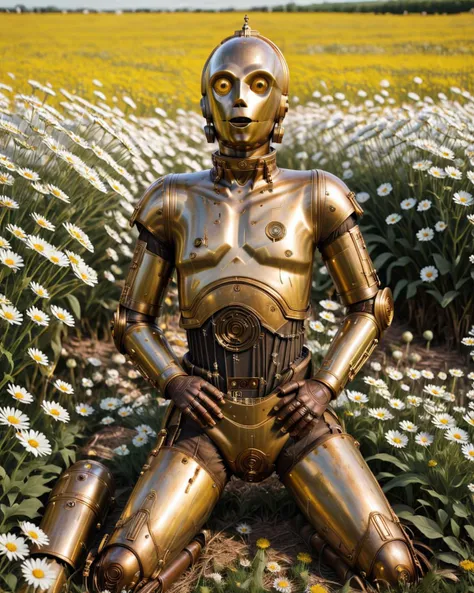 concept art (Ultrarealistic:1.3) <lora:FFusion_WEEK_2_-_TOP_100:1> a golden c-3po standing in a field of daisies, the golden humanoid robot, c3po, gold sci - fi armour, droid, close-up of a robot sitting down, painting of c - 3 p 0, robot photography, droids, star wars character, humanoid robot close up, portrait of a futuristic robot, detailed humanoid,(Kodachrome:1.3) . digital artwork, illustrative, painterly, matte painting, highly detailed