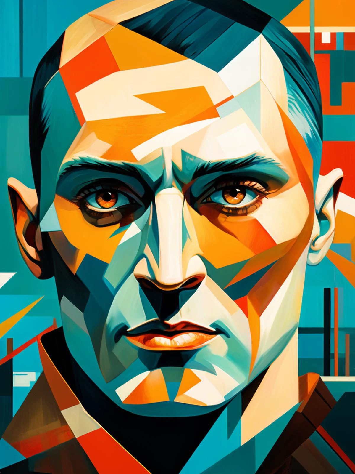 Cubist artwork (art by RHADS:1.0) ,art by J.C. Leyendecker, digital art, Worn-Out Beautiful muscular New Wave (Voldemort:1.2) , Mason, behance, wearing outfit designed by Bose, relaxing pose, Cyan hair styled as Dreadlocks, Expressive background, Horror, Mono Color, unreal engine, 4k, highly detailed, <lora:FF-Midj-Top-v0564-FA-TX:1> <lora:FF-Midj-Top-v0565:1> . Geometric shapes, abstract, innovative, revolutionary