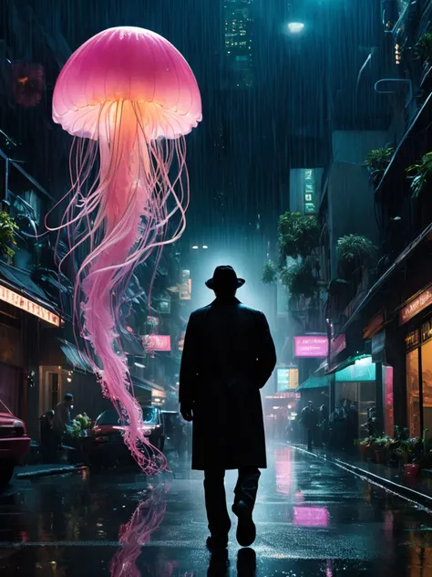 cinematic film still <lora:FF-Midj-Last-v0563:1> there is a jellyfish that is floating in the water, ash thorp, hans bellmer and nadav kander, hg giger flora borsi, nick knight, jellyfish phoenix, james jean and petra cortright, jellyfish pheonix, pink jellyfish everywhere, art nouveau alien botanicals, japanese art on behance, intricate alien botanicals, phoenix jellyfish cyber city scene with a man walking a dog in the rain, in the style dan mumford artwork, dan mumford. maya render, dan mumford. concept art, by Dan Mumford, (((((dan mumford))))), dan mumford paint, in the art style of dan mumford, retrowave epic art, painting by dan mumford . shallow depth of field, vignette, highly detailed, high budget, bokeh, cinemascope, moody, epic, gorgeous, film grain, grainy