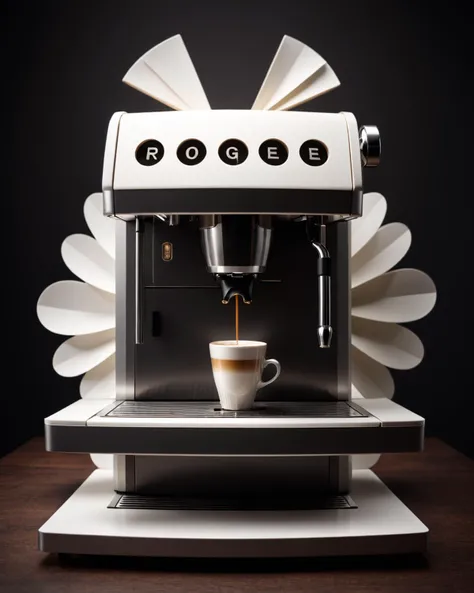 Kirigami representation of <lora:FF-Style-Mid-HOT-Week3.LORA:1>,"rogue espresso machine on a dark table, realistic cinema 4 d render, 3 d product render, octane engine render 8k hdr, octane photoreal 3 d render, depicted as a 3 d render, realistic. octane render, octane cinema 4d render, octane cinema 4 d render, highly detail. octane render, cinematic front shot, polaroid octane render, daily render" . 3D, paper folding, paper cutting, Japanese, intricate, symmetrical, precision, clean lines