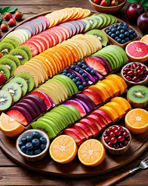 Hyperrealistic art <lora:FF-MJ-Week2-Hot:1> a tray of fruit on a wooden board, colored fruit stand, plates of fruit, healthy, high quality food photography, yummy, amazing food photography, vivid vibrant colors, fresh fruit, natural morning light, shutterstock, vibrant and powerful, vibrant vivid colors, rich colourful, fruits, istock, stock photo, gems and diamond for fruit, stock image, vibrant colors . Extremely high-resolution details, photographic, realism pushed to extreme, fine texture, incredibly lifelike
