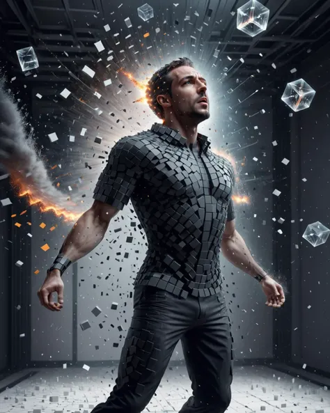 concept art (Ultrarealistic:1.3) <lora:FFusion_WEEK_2_-_TOP_100:1> a man in a 3d animation with cubes flying around him, human body breaking away, explosion of data fragments, particles disintegration, crystallized human silhouette, intricate artwork. octane render, mind-bending digital art, intricate transhuman, digital art render, disintegrating, amazing octane render, digital art 4k unsettling, inspired by Igor Morski,(Infrared:1.3) . digital artwork, illustrative, painterly, matte painting, highly detailed