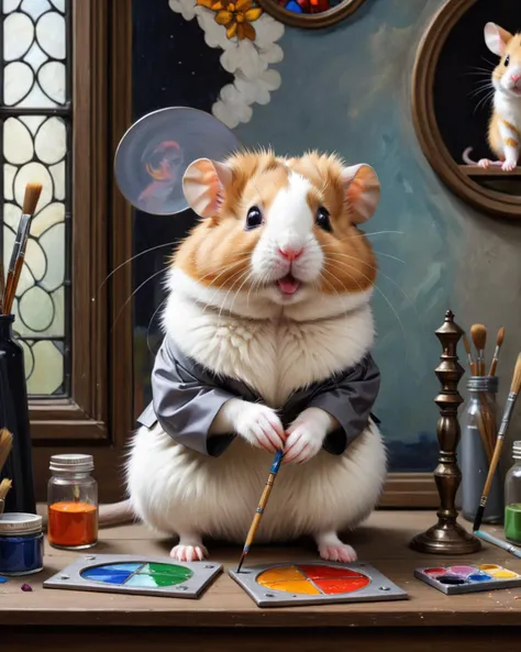 Stained glass style <lora:FF-Style-Mid-HOT-Week3.LORA:1>,"a hamster is painting with paints, furry artist, a mouse in a gothic atelier, inspired by Gabriel Metsu, painting come to life, photo of a hamsters on a date, adorable digital painting, an epic painting of an artist, portrait of a rat mad scientist, oil painting of cat witch, 4k painting, fantasy matte paintingï¼cute, oill painting" . Vibrant, beautiful, translucent, intricate, detailed