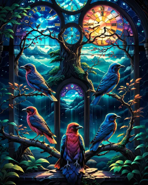 concept art (Ultrarealistic:1.3) <lora:FF-WEEK2-MJ-NEW:1> three birds sitting on a branch, in the style dan mumford artwork, el bosco and dan mumford, in the art style of dan mumford, inspired by Dan Mumford, anton fadeev and dan mumford, 4k detailed digital art, dan mumford and alex grey style, glowing stained glass backdrop, dan mumford tom bagshaw, studio ghibli and dan mumford . digital artwork, illustrative, painterly, matte painting, highly detailed