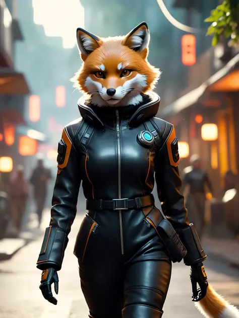 cinematic film still <lora:FF-Midj-Top-v0565:1> there is a woman in a cat suit walking down a street, loba andrade from apex legends, cgsociety unreal engine, an anthropomorphic cyberpunk fox, artgerm ; 3d unreal engine, unreal engine character art, cgsociety 9, female anthropomorphic wolf, cinematic smooth unreal engine, cinematic unreal 5, unreal engine art . shallow depth of field, vignette, highly detailed, high budget, bokeh, cinemascope, moody, epic, gorgeous, film grain, grainy