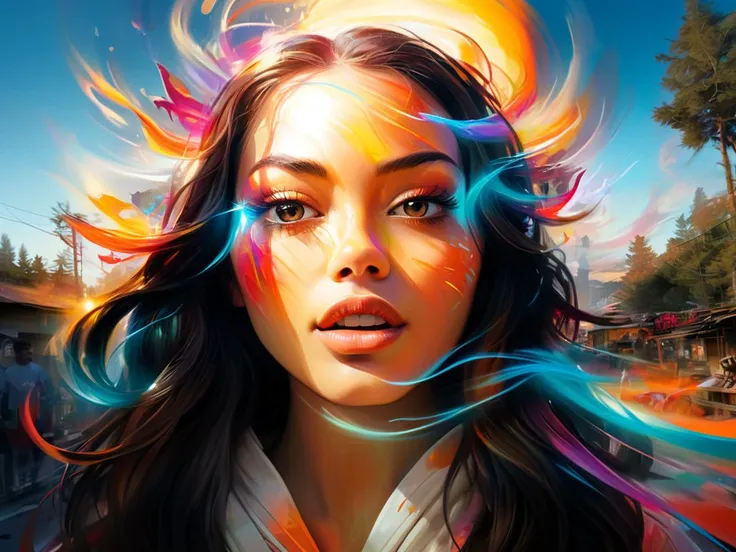 Long exposure photo of art by Ross Tran, (art by Artgerm:1.2) , Redshift render, Digital artwork, 8k wall Graffiti, [reeds|field], Worried ([Ayesha:Houda:4]:1.3) , Exploring new places, wearing Elf robe, Acid colors woods, at Sunset, Illustration, Joyful, side lit, Fish-eye Lens, Ektachrome, 4k, highly detailed,  <lora:FF-Midj-Top-v0565:1> <lora:FF-idle-WALLP:0.269> <lora:MidJ_Last_500_-_Experiment:0.19> <lora:FF-Midj-Last-v0563:0.11> <lora:FF-Midj-Top-v0564-FA-TX:0.34> <lora:FF-idle-ColorZ:0.269> . Blurred motion, streaks of light, surreal, dreamy, ghosting effect, highly detailed