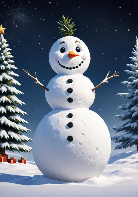 concept art <lora:FF-Style-MidJ-Rise-Week3.LORA:1> a snowman standing in front of a christmas tree, illustration!, frosty, holiday season, photo render, 8 k 4 k, 8k 4k, (snow), chilly, shutterstock, only snow in the background, snowy winter christmas night, istock, snowy winter scene, close portrait, profile pic, animation, january, winter in the snow, winter time, featured . digital artwork, illustrative, painterly, matte painting, highly detailed