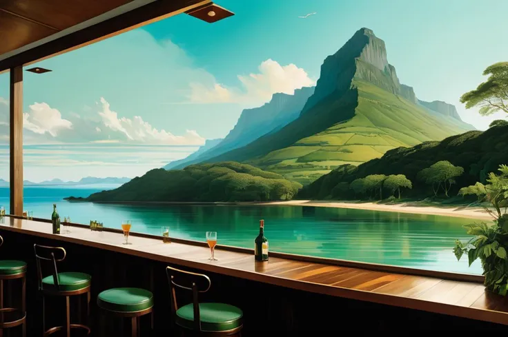 concept art [art by James Jean,art by John Constable:10], digital art, landscape of a Verdant Table Mountain from inside of a Bar, lush beach, Spring, Nintencore, crisp lines, 4k, highly detailed, <lora:FF-Midj-Top-v0564-FA-TX:1> . digital artwork, illustrative, painterly, matte painting, highly detailed
