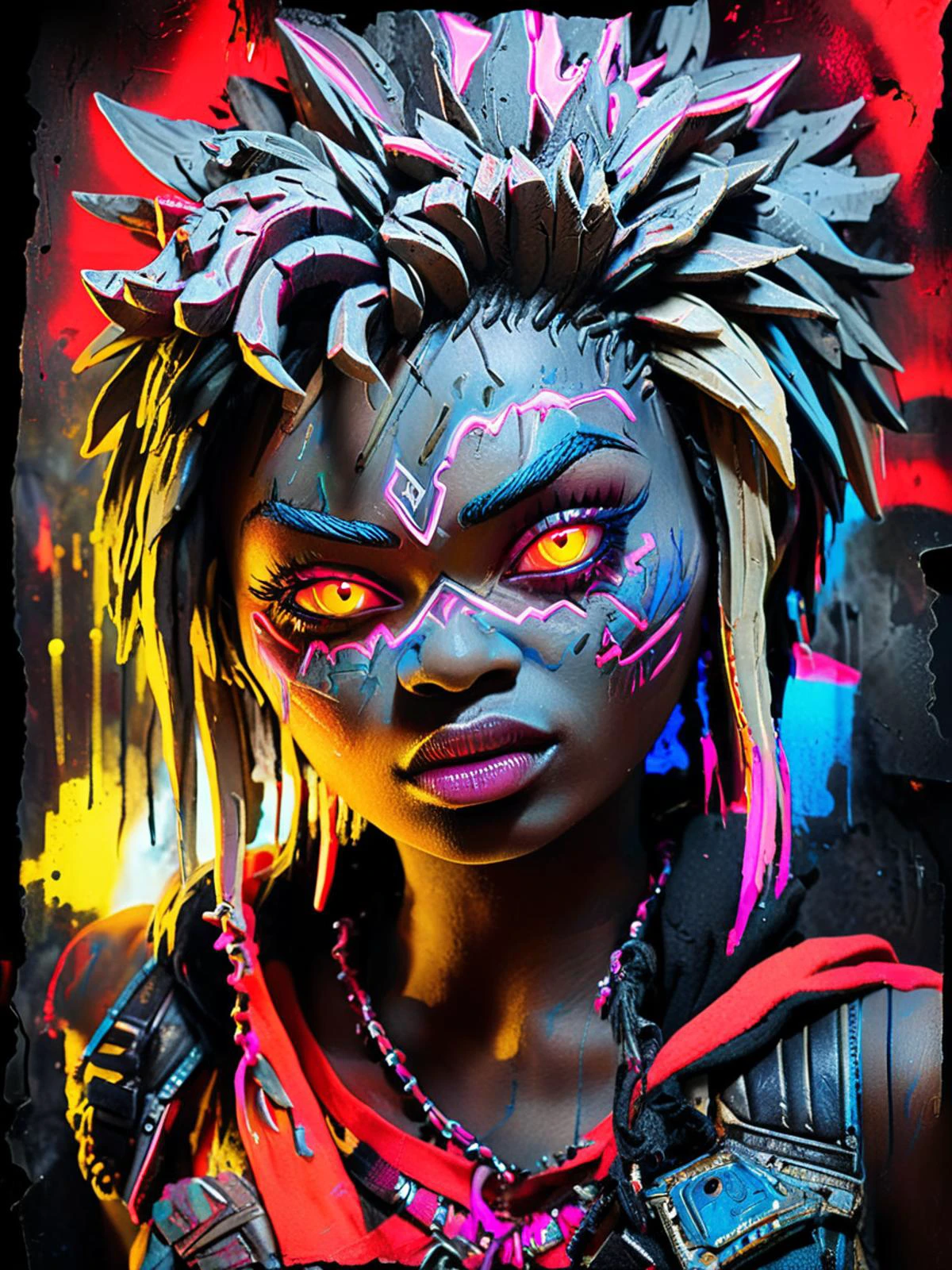 Grunge style On pale black paper, ivory carving technique, league of legends splash art of a Glamorous petite Rwandan (H.E.R.:1.2) , ð, Smoky Conditions, Neon Light, Zoom lens, Primary Colors, 4k, highly detailed, <lora:FF-Midj-Top-v0565:1> <lora:FF-idle-WALLP:0.269> <lora:MidJ_Last_500_-_Experiment:0.19> <lora:FF-Midj-Last-v0563:0.11> <lora:FF-Midj-Top-v0564-FA-TX:0.34> <lora:FF-idle-ColorZ:0.269> . Textured, distressed, vintage, edgy, punk rock vibe, dirty, noisy