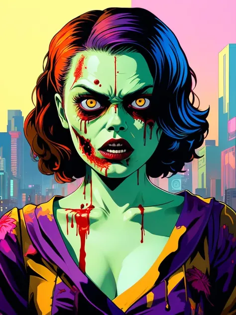 GTA-style artwork digital art, intricate background, (Female Zombie:1.2) , Producing a movie, Bathed in shadows, Neo-Dadaism Art, Film Washi, art by Ruan Jia, 1girl, solo, 4k, highly detailed <lora:FF-Midj-Top-v0565:1> <lora:FF-idle-WALLP:0.269> <lora:MidJ_Last_500_-_Experiment:0.19> <lora:FF-Midj-Last-v0563:0.11> <lora:FF-Midj-Top-v0564-FA-TX:0.34> <lora:FF-idle-ColorZ:0.269> . Satirical, exaggerated, pop art style, vibrant colors, iconic characters, action-packed