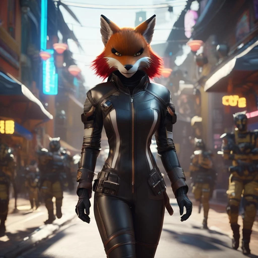 cinematic photo <lora:FF-Midj-Last-v0563:1> there is a woman in a cat suit walking down a street, loba andrade from apex legends, cgsociety unreal engine, an anthropomorphic cyberpunk fox, artgerm ; 3d unreal engine, unreal engine character art, cgsociety 9, female anthropomorphic wolf, cinematic smooth unreal engine, cinematic unreal 5, unreal engine art . 35mm photograph, film, bokeh, professional, 4k, highly detailed