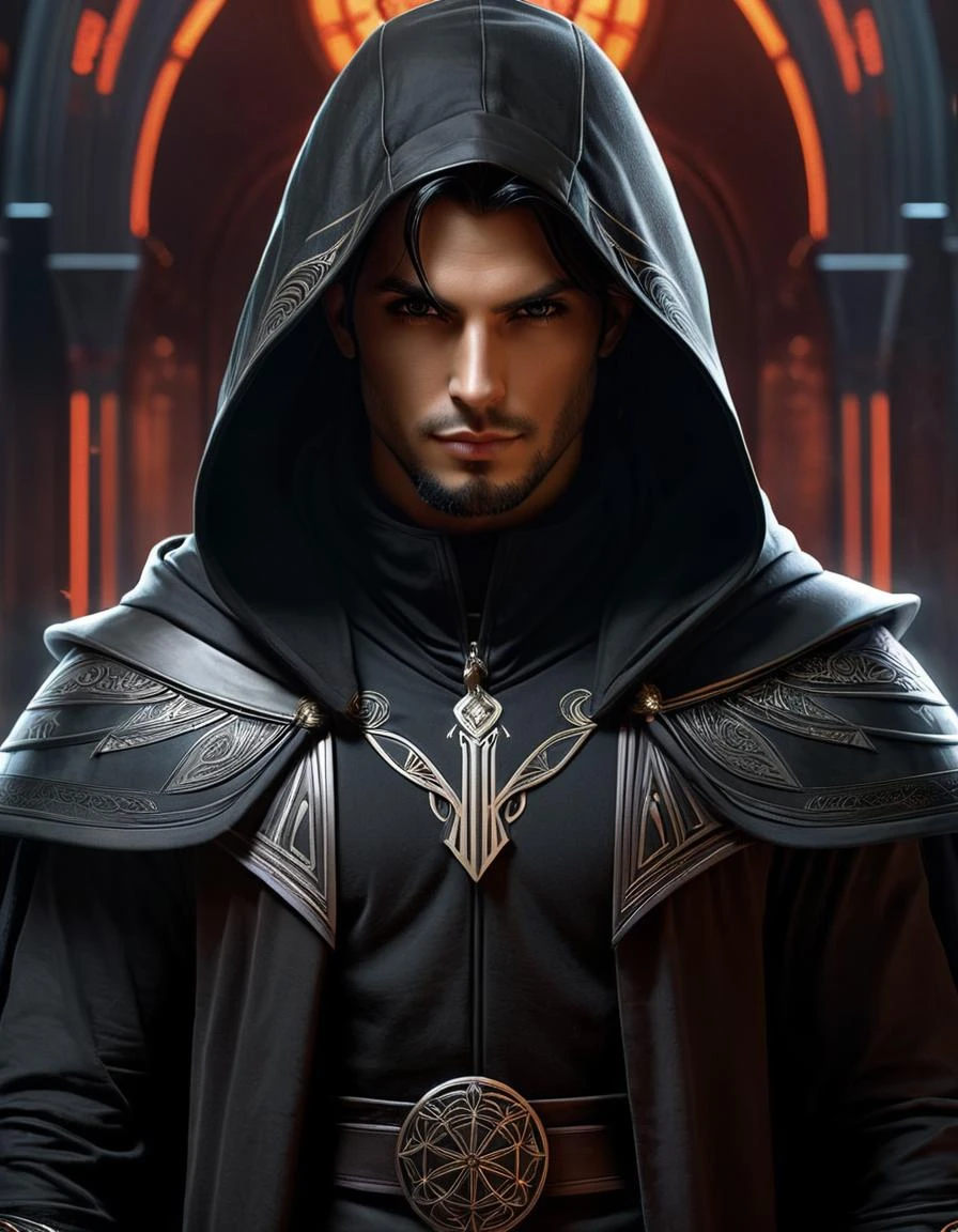 Hyperrealistic art <lora:FF-Midj-Rise-v0564:1.19> image of a man in a hooded jacket and hoodie, corvo attano, noble elf male in black robes, darth revan, arkane lyon, technomancer, metabaron, dark hooded wraith, dark cloak, ornate cyberpunk robes, wearing black sith robes, steel inquisitor from mistborn, mistborn, hooded cloaked sith lord, brown cloak . Extremely high-resolution details, photographic, realism pushed to extreme, fine texture, incredibly lifelike