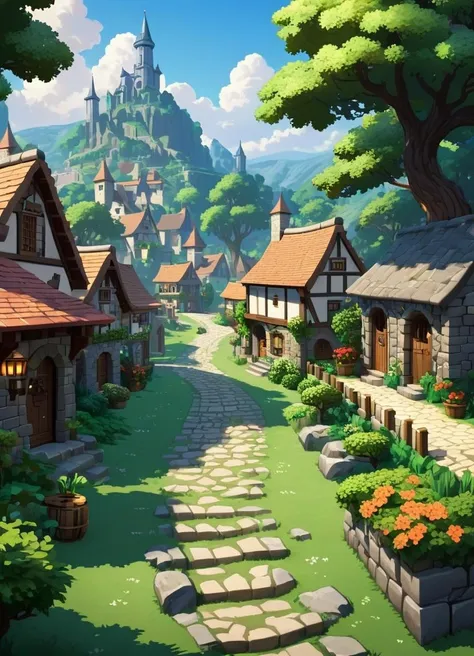 pixel-art <lora:FF-Midj-Last-v0563:1> there is a cartoon picture of a village with a stone path, villages ï¼ unreal engine, tyler edlin fantasy art, style of tyler edlin, 4 k matte thomas kinkade, style of thomas kinkade, medeival fantasy town, video game environment design, 2. 5 d cgi anime fantasy artwork, unreal engine 5 Â», tyler edlin and natasha tan . low-res, blocky, pixel art style, 8-bit graphics