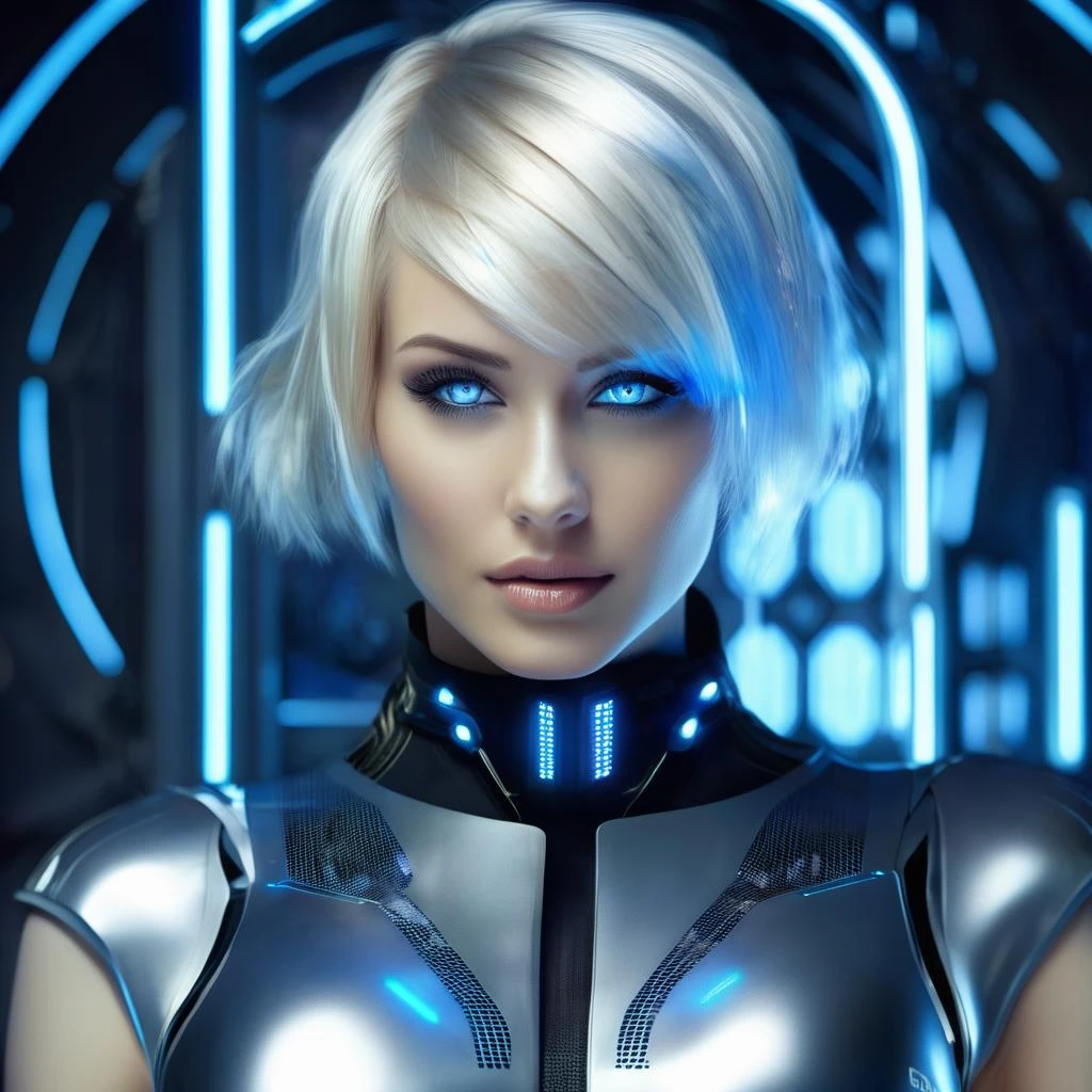 <lora:FF-Midj-Last-v0563:1> blond woman with futuristic hair and blue eyes in a futuristic room, cgsociety 9, portrait of a female android, beautiful alluring female cyborg, cyborg - girl with silver hair, portrait of female android, devianart and cgsociety, beautiful female neuromancer, retrofuturistic female android, cgsociety ), rending on cgsociety, stunning cgsociety