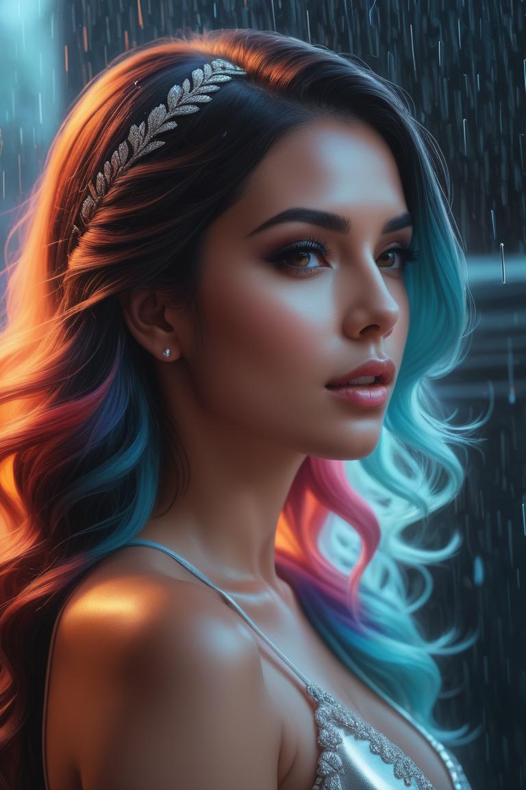 A woman with blue hair and a tiable in the rain - SeaArt AI