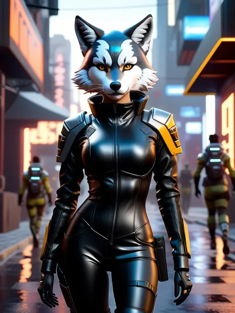 cinematic film still <lora:FF-Midj-Last-v0563:1> there is a woman in a cat suit walking down a street, loba andrade from apex legends, cgsociety unreal engine, an anthropomorphic cyberpunk fox, artgerm ; 3d unreal engine, unreal engine character art, cgsociety 9, female anthropomorphic wolf, cinematic smooth unreal engine, cinematic unreal 5, unreal engine art . shallow depth of field, vignette, highly detailed, high budget, bokeh, cinemascope, moody, epic, gorgeous, film grain, grainy