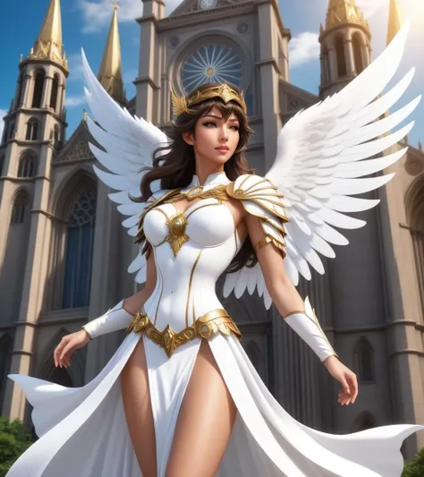 comic <lora:FF-Midj-Rise-v0564:1.11:0.1> arafed woman in a white dress with wings in front of a cathedral, biblically accurate angel, unreal engine render + a goddess, biblically accurate angels, 2. 5 d cgi anime fantasy artwork, stunning 3d render of a fairy, biblically acurate angel, steampunk angel, winged girl angel, unreal engine render saint seiya, grand angel wings . graphic illustration, comic art, graphic novel art, vibrant, highly detailed