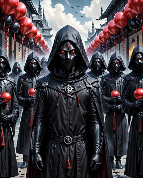 concept art <lora:FF-Week2-MJ-RIsing:1> a group of people in black hoods and red balloons, dan mumford tom bagshaw, black robes, symmetrical epic fantasy art, ww 1 sith sorcerer, adi granov, dark robes, cultists watching, orthodox cyberpunk, steel inquisitor from mistborn, by Kristian KrekoviÄ, wearing black sith robes, imperial march, jin - roh . digital artwork, illustrative, painterly, matte painting, highly detailed