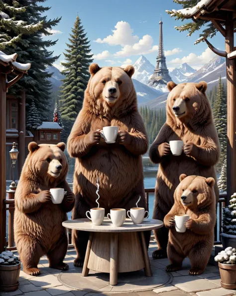 concept art <lora:FF-MJ-Week2-Hot:1> a set of cartoon bears drinking coffee, four humanoid bears, bears, funny illustration, cute illustration, by jeonseok lee, high quality character design, illustrations of animals, great character design, highly detailed illustration.â, by Jang Seung-eop, cartoon brew, cute detailed artwork, bear, by Yoshihiko Wada, drinking tea, by Yi Inmun . digital artwork, illustrative, painterly, matte painting, highly detailed