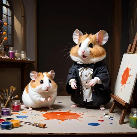 concept art <lora:FF-Style-MidJ-ALLin-Week3.LORA:1> a hamster is painting with paints, furry artist, a mouse in a gothic atelier, inspired by Gabriel Metsu, painting come to life, photo of a hamsters on a date, adorable digital painting, an epic painting of an artist, portrait of a rat mad scientist, oil painting of cat witch, 4k painting, fantasy matte painting cute, oill painting" . Vibrant, beautiful, translucent, intricate, detailed . digital artwork, illustrative, painterly, matte painting, highly detailed