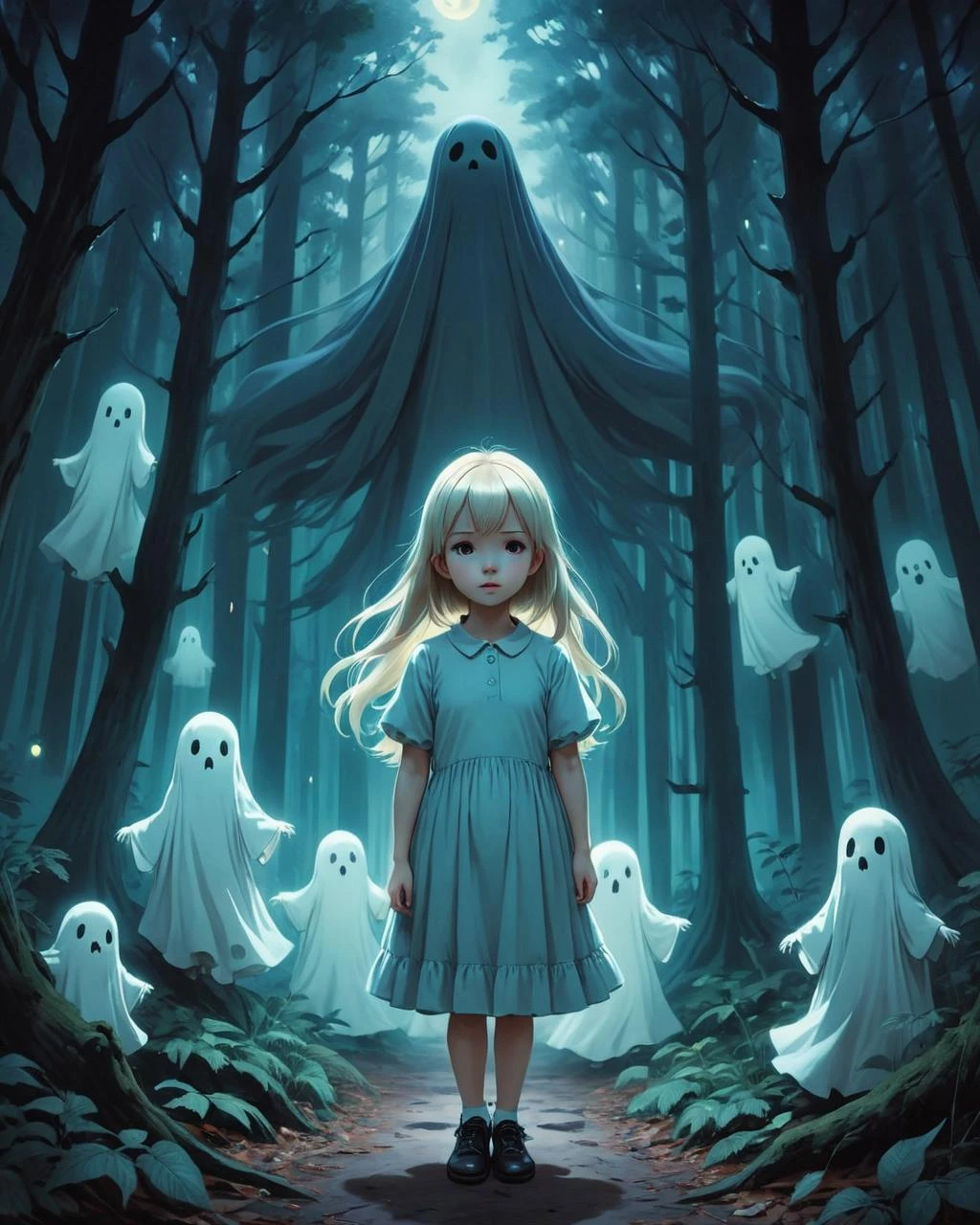 anime artwork <lora:FF-Style-Mid-HOT-Week3.LORA:1>,"a painting of a girl in a dark forest with a lot of ghosts, ghosts, in a spooky forest, an ominous fantasy illustration, ghost children, nightmarish illustration, dark illustration, dreamy illustration, loish |, ghostly spirits, eerie nostalgic concept art, eerie art style, horror illustration, fairytale painting, pale young ghost girl, a beautiful artwork illustration" . anime style, key visual, vibrant, studio anime, highly detailed