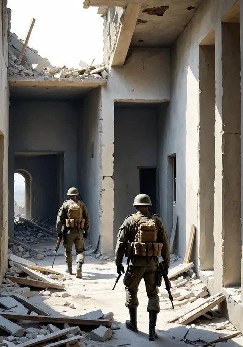 concept art <lora:FF-Style-MidJ-Rise-Week3.LORA:1> a painting of soldiers walking through a ruined house, by Ludwik Konarzewski, by Ludwik Konarzewski Jr, military art, stefan koidl inspired, by Ivan LackoviÄ Croata, war art, by Hristofor ŽefaroviÄ, by László Balogh . digital artwork, illustrative, painterly, matte painting, highly detailed