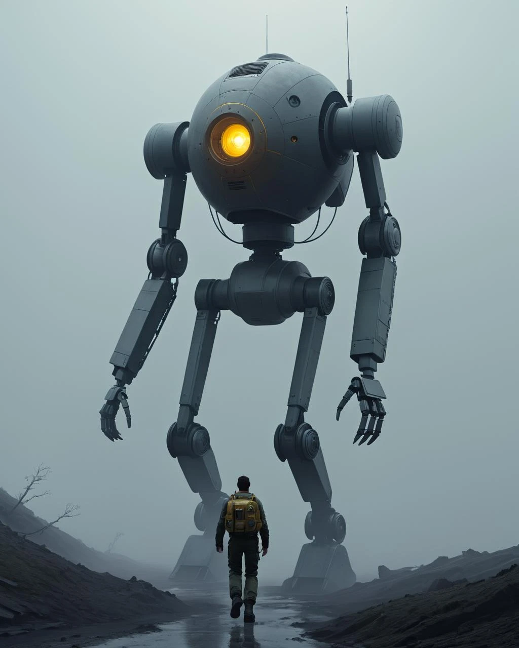 concept art <lora:FF-Style-MidJ-NEW-Week3:1> a large robot is walking through the fog, wojtek fus, dramatic sci-fi movie still, by Ludwik Konarzewski Jr, rozalski, by Artur Tarnowski, by Adam MarczyÅski, concept art for movies, by Ludwik Konarzewski, war of the worlds, sci - fi illustrations . digital artwork, illustrative, painterly, matte painting, highly detailed