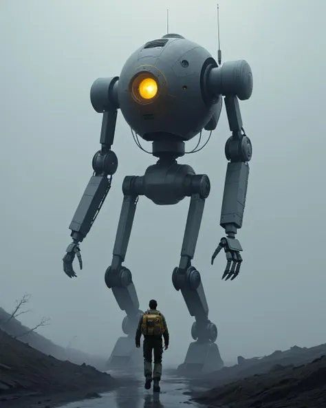 concept art <lora:FF-Style-MidJ-NEW-Week3:1> a large robot is walking through the fog, wojtek fus, dramatic sci-fi movie still, by Ludwik Konarzewski Jr, rozalski, by Artur Tarnowski, by Adam MarczyÅski, concept art for movies, by Ludwik Konarzewski, war of the worlds, sci - fi illustrations . digital artwork, illustrative, painterly, matte painting, highly detailed