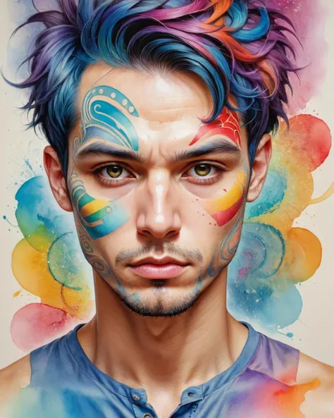Psychedelic style <lora:FF-Style-Mid-HOT-Week3.LORA:1>,"a painting of a man with colorful paint on his face, detailed color portrait, portrait of a patchwork boy, david mack, color portrait, tattooed face, inspired by Hedi Xandt, anton, highly detailed portrait, full color illustration, intricate heterochromatic sad, extremely detailed man, centered painted portrait, tattooed man, full color drawing, extremely detailed portrait" . Vibrant colors, swirling patterns, abstract forms, surreal, trippy